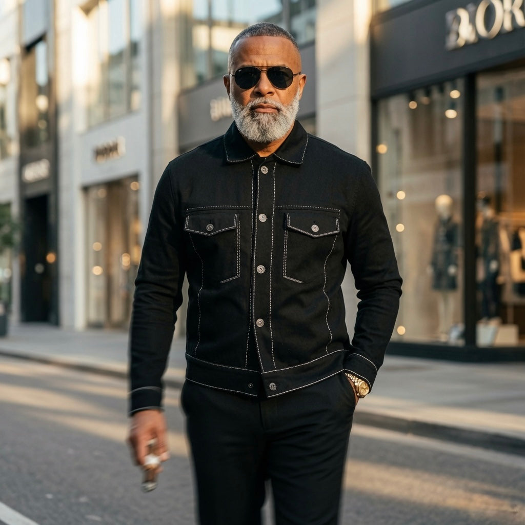 Black Denim Jacket with Contrast Stitching