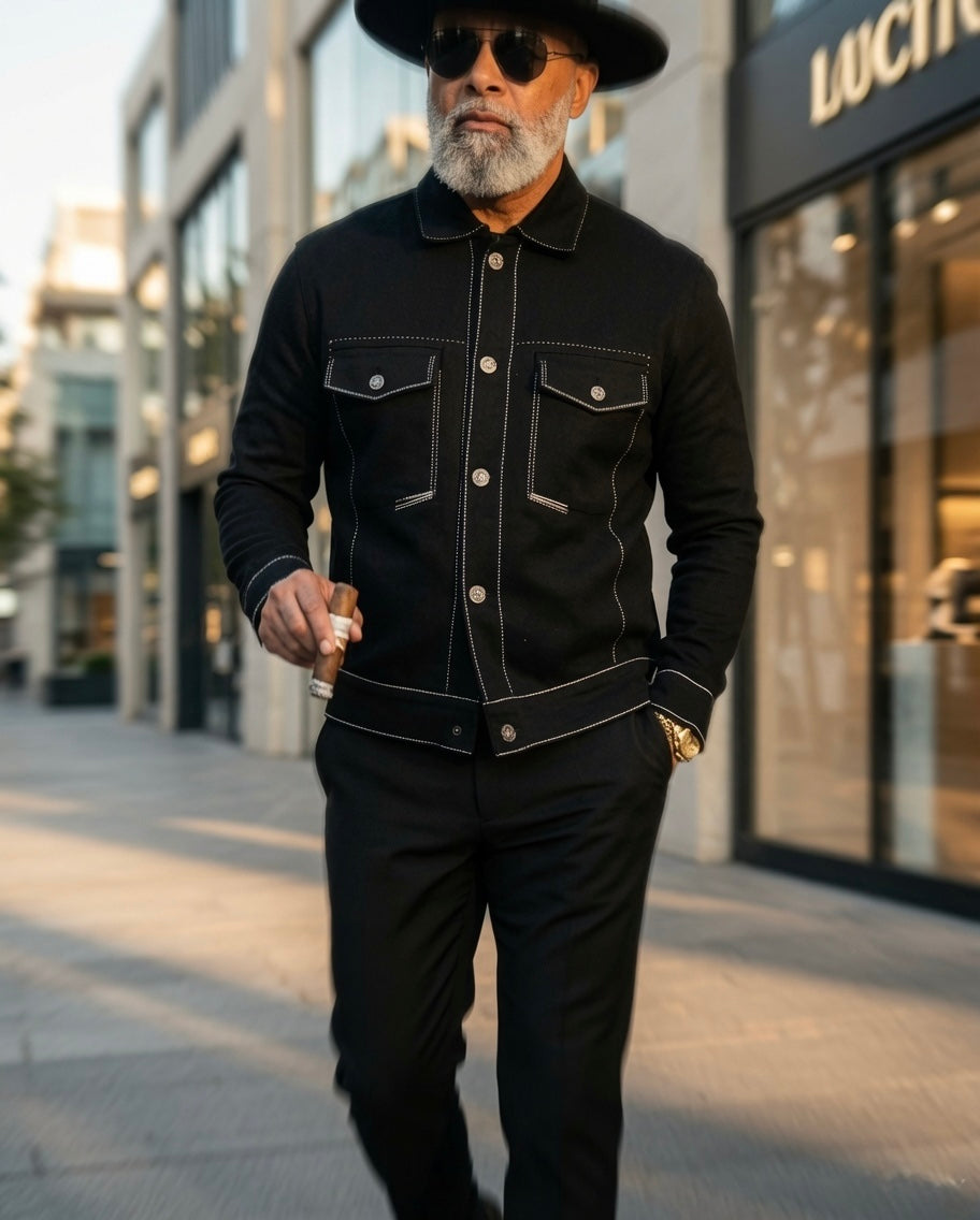 Black Denim Jacket with Contrast Stitching