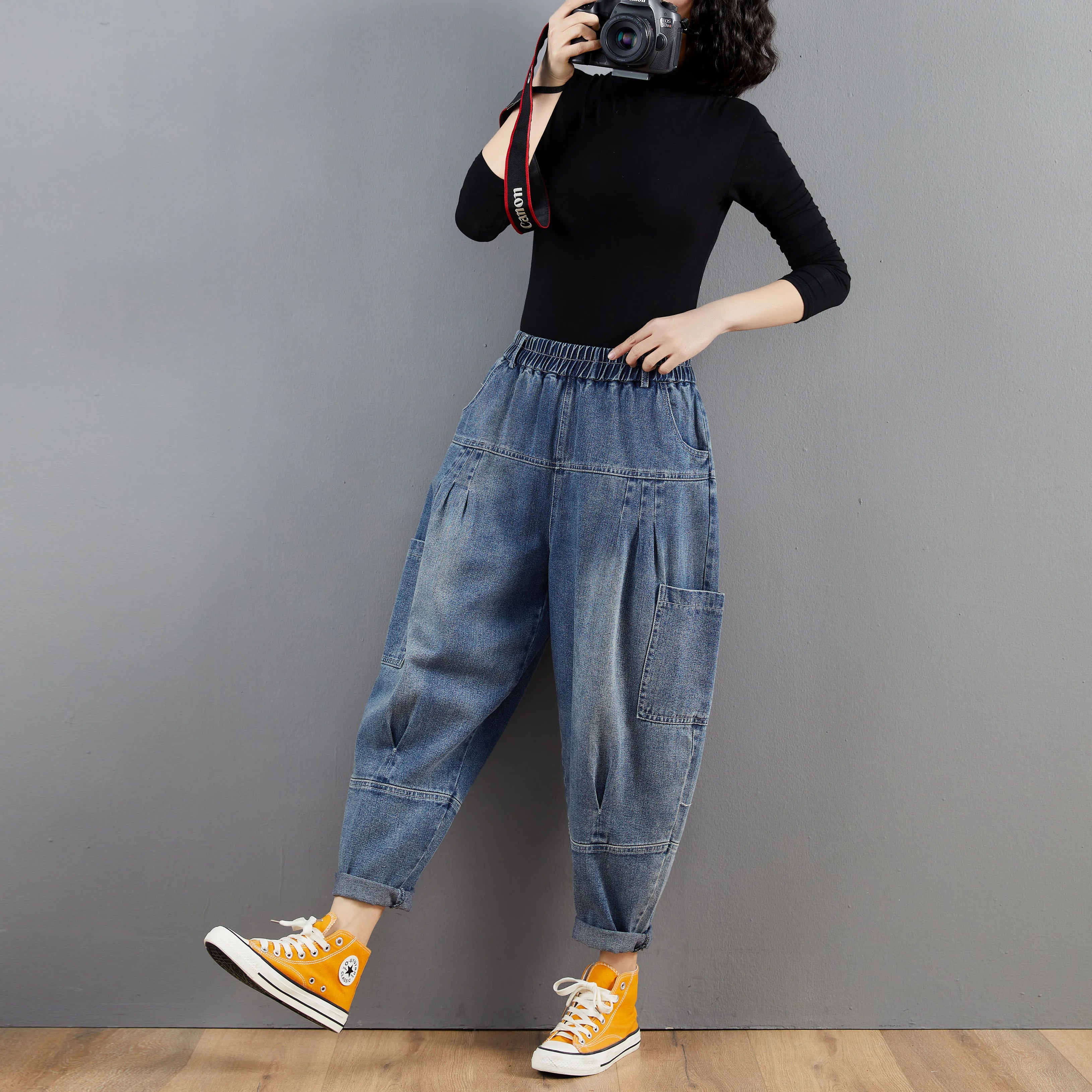 Oversized Washed Denim Harem Pants