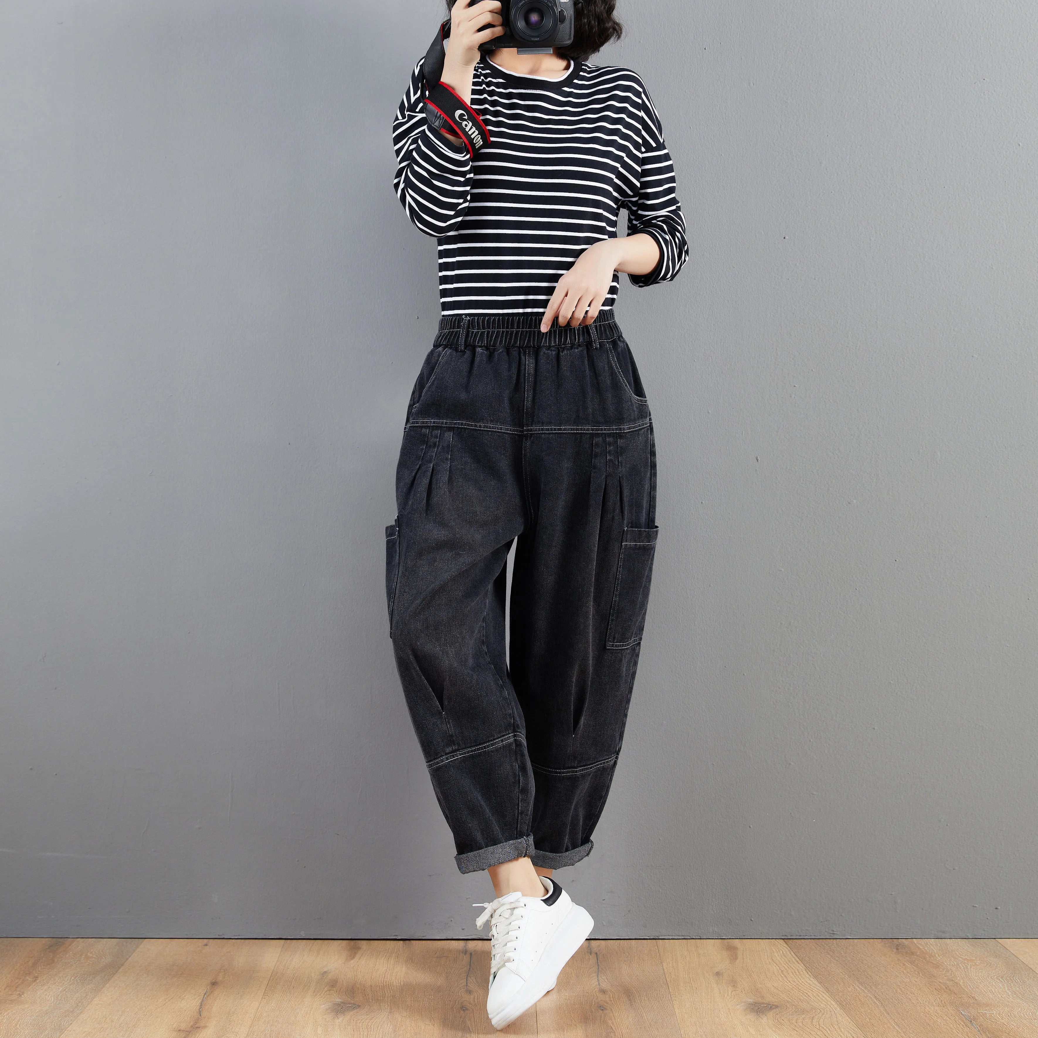 Oversized Washed Denim Harem Pants